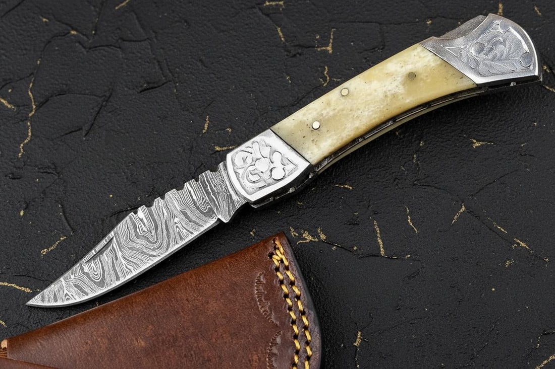 Hand Forged Damascus Steel Pocket Knife 7" Folding Lockback with Wood Handle Sheath - 3