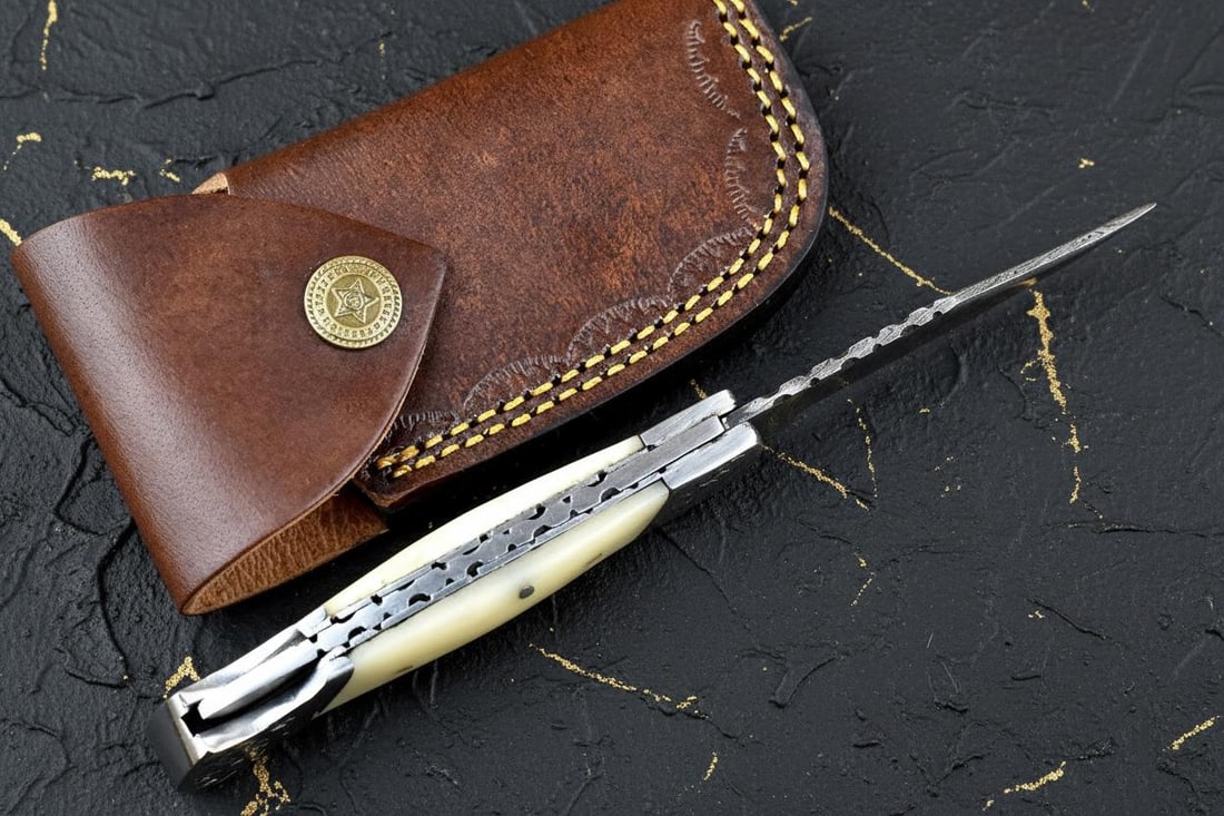 Hand Forged Damascus Steel Pocket Knife 7" Folding Lockback with Wood Handle Sheath - 4