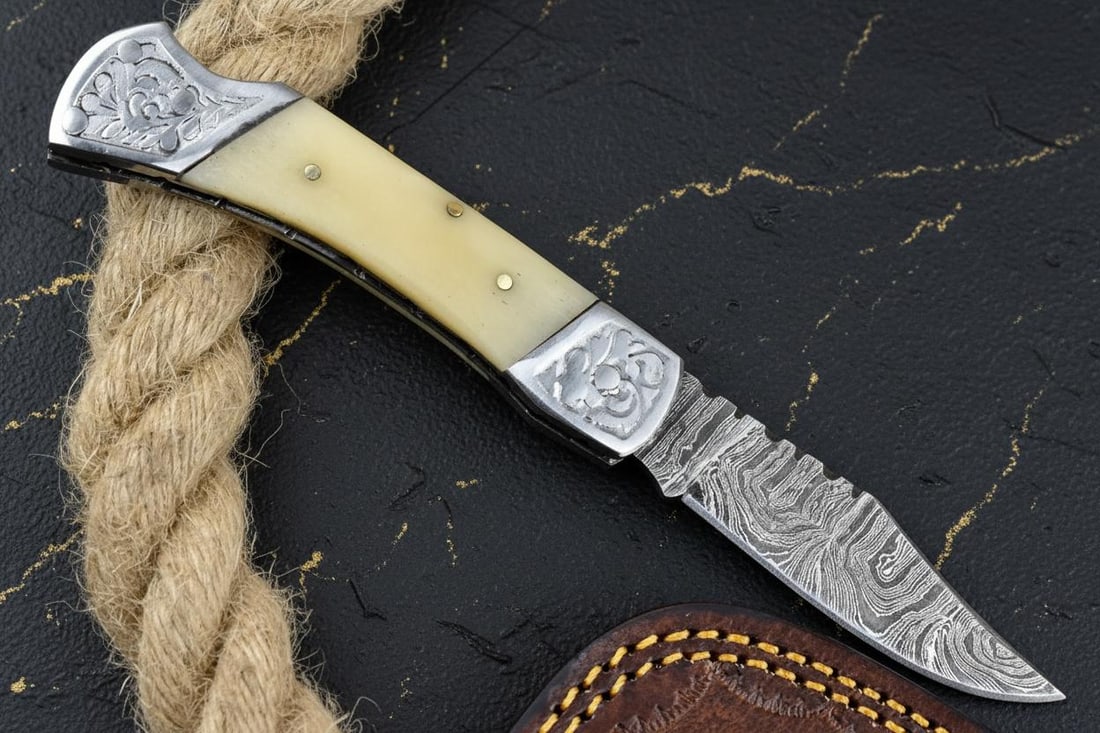 Hand Forged Damascus Steel Pocket Knife 7" Folding Lockback with Wood Handle Sheath - 8