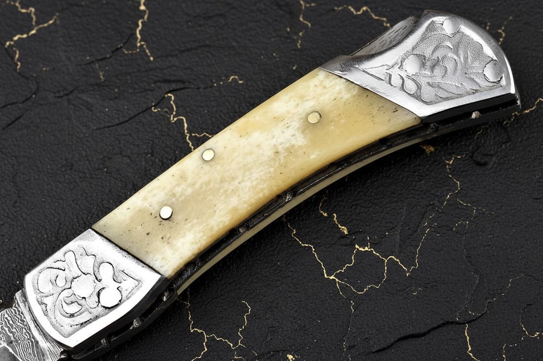 Hand Forged Damascus Steel Pocket Knife 7" Folding Lockback with Wood Handle Sheath - 9