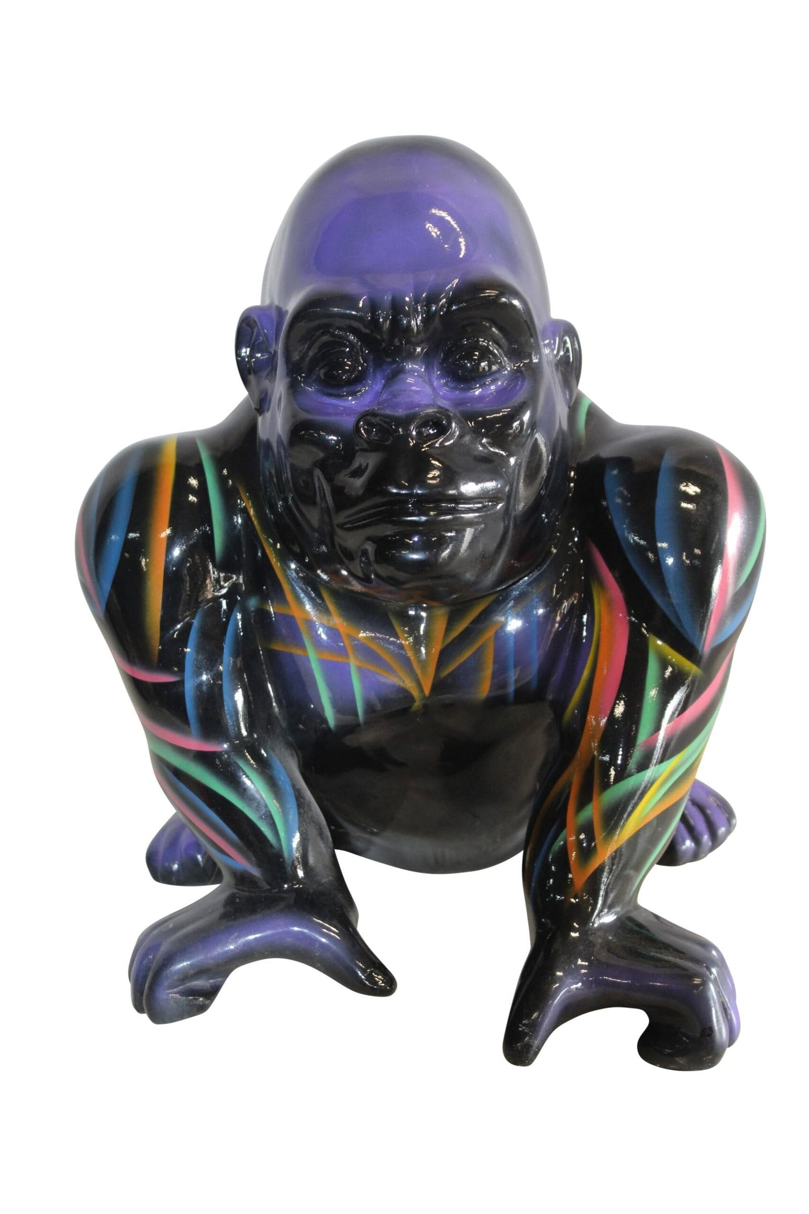 Fiberglass Gorilla Statue Colored with Dripping paint 14" x 15" x 17"H: Title:Fiberglass Gorilla Statue Colored with Dripping paint 14" x 15" x 17"HDescription:Fiberglass Gorilla Statue, adorned with dripping paint. Handcrafted and casted, it adds a unique touch to any