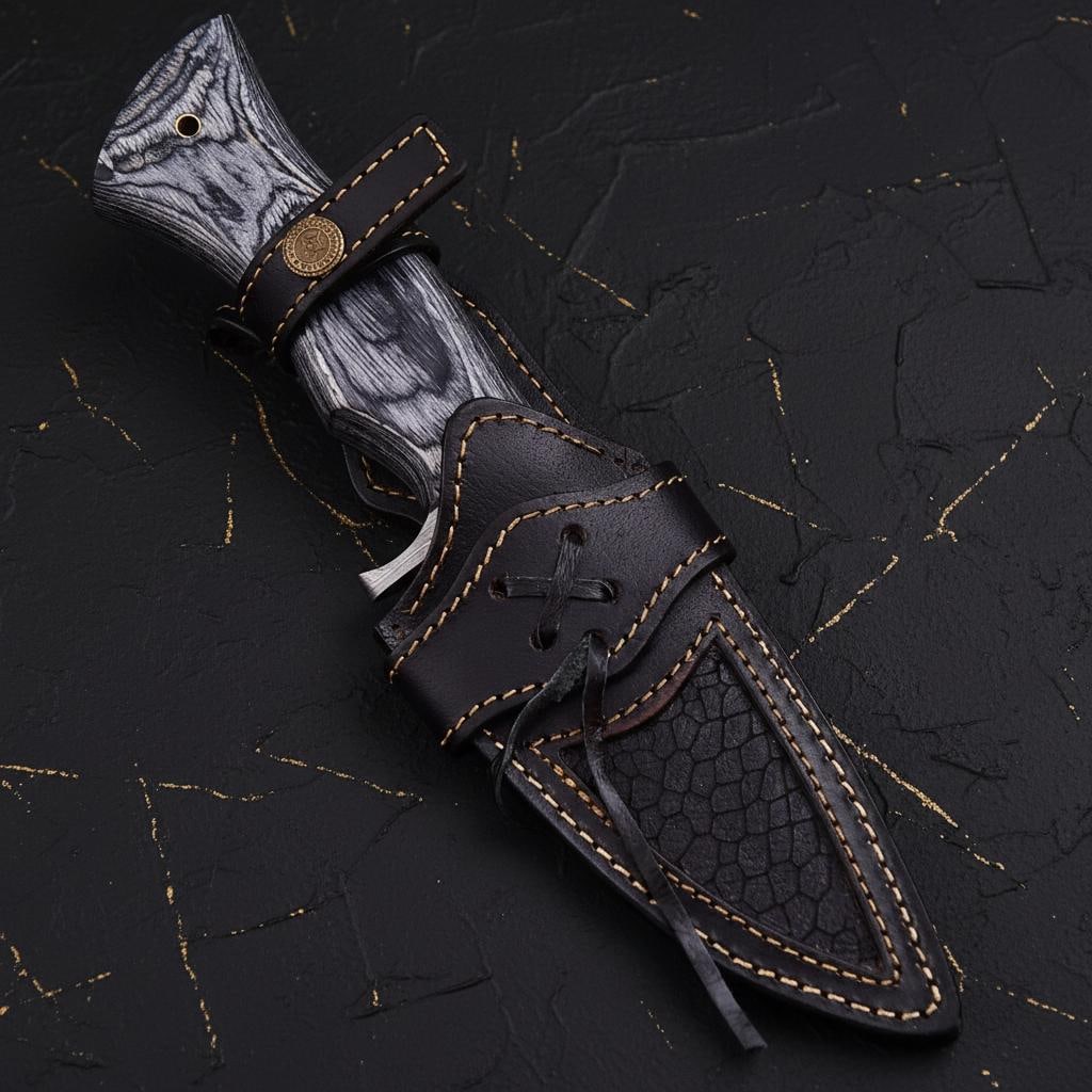 Feather Pattern Damascus Steel Skinner Knife Hand Forged with Greywood Handle Sheath - 6
