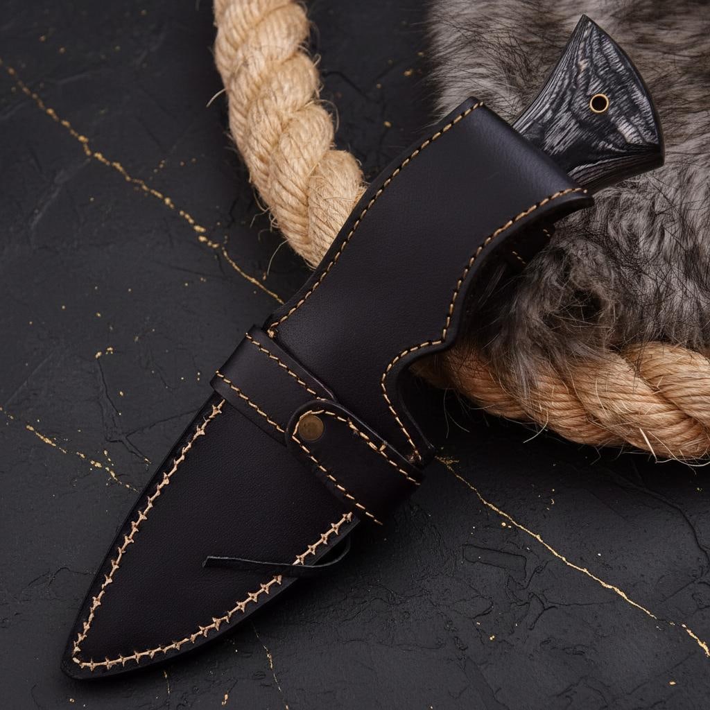 Feather Pattern Damascus Steel Skinner Knife Hand Forged with Greywood Handle Sheath - 7