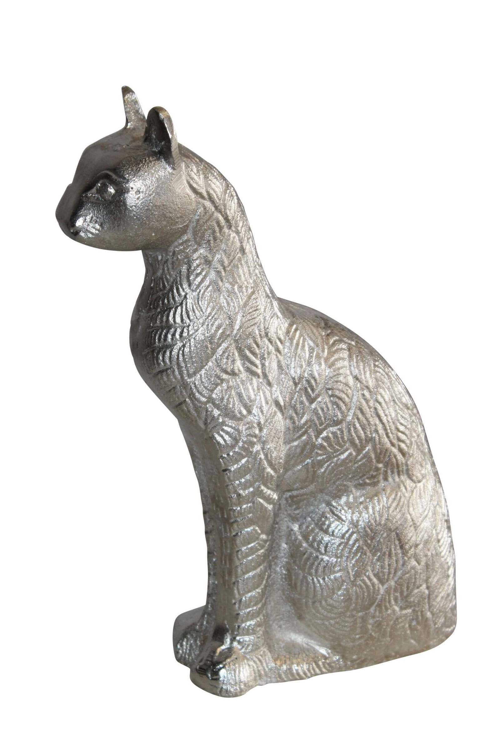 Aluminum Artistry Intricately Sitting Cat Statue in Silver 10" x 4" x 13"H: Title:Aluminum Artistry Intricately Sitting Cat Statue in Silver 10" x 4" x 13"H Description:Aluminum Sitting Cat Statue, showcasing intricate artistry in silver. Handcrafted and casted, it exudes ele