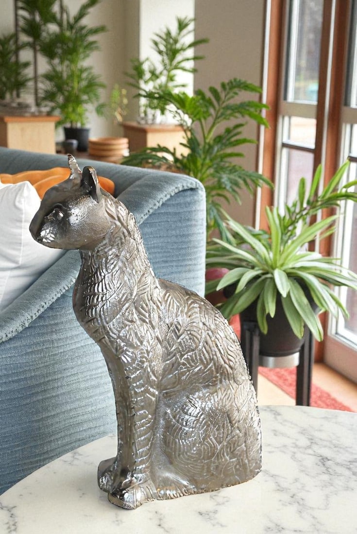 Aluminum Artistry Intricately Sitting Cat Statue in Silver 10" x 4" x 13"H - 2