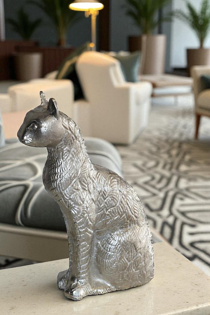 Aluminum Artistry Intricately Sitting Cat Statue in Silver 10" x 4" x 13"H - 3