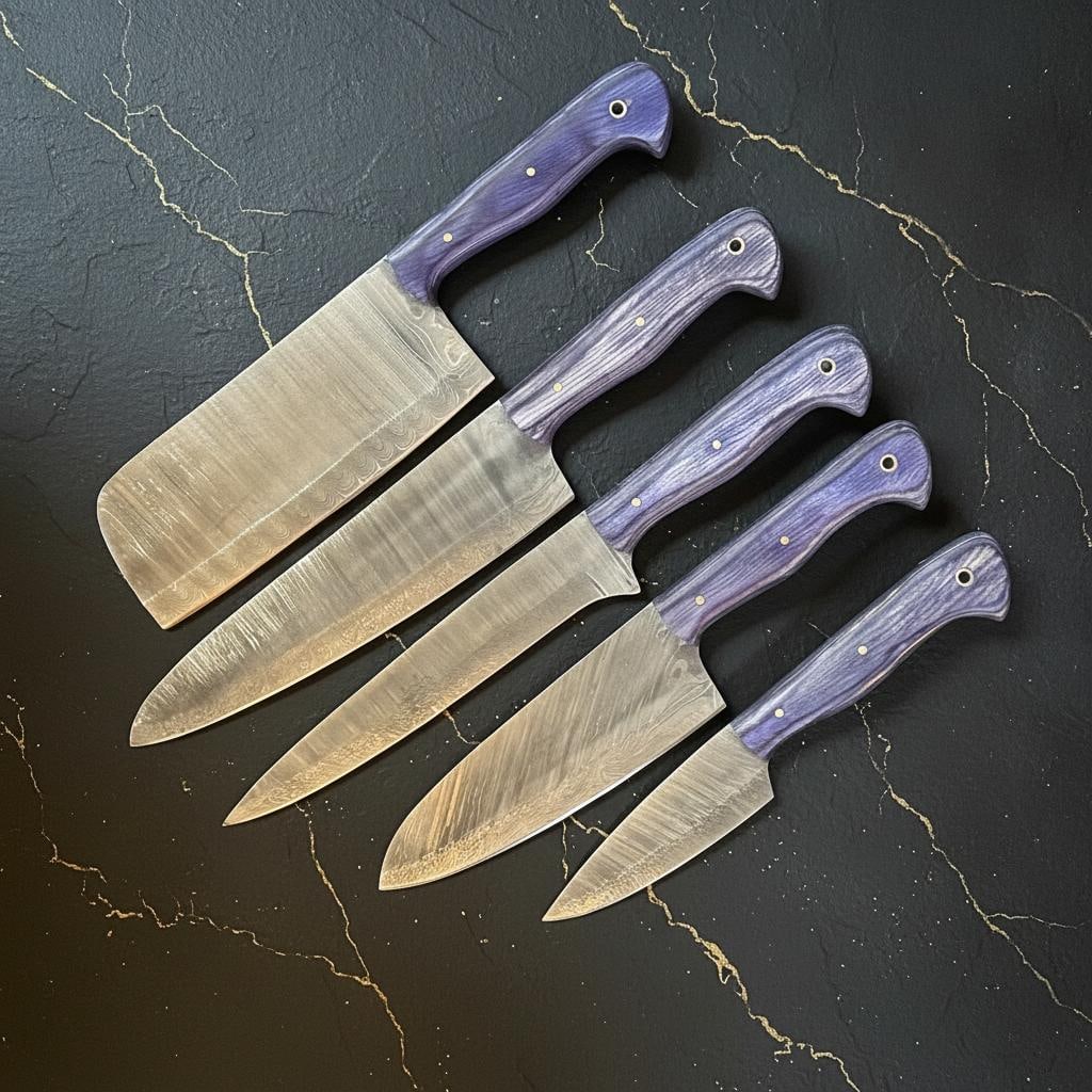 Handmade 5pc Damascus Steel Chef Knife Set Pakka Wood Handle & Leather Sheath: Title:Handmade 5pc Damascus Steel Chef Knife Set Pakka Wood Handle & Leather SheathDescription:This listing is for a handmade 5-piece chef knife set, featuring distinctive Damascus steel blades and