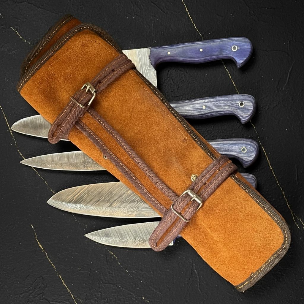 Handmade 5pc Damascus Steel Chef Knife Set Pakka Wood Handle & Leather Sheath - 2