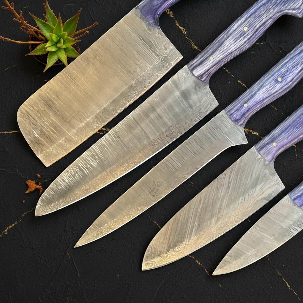 Handmade 5pc Damascus Steel Chef Knife Set Pakka Wood Handle & Leather Sheath - 3