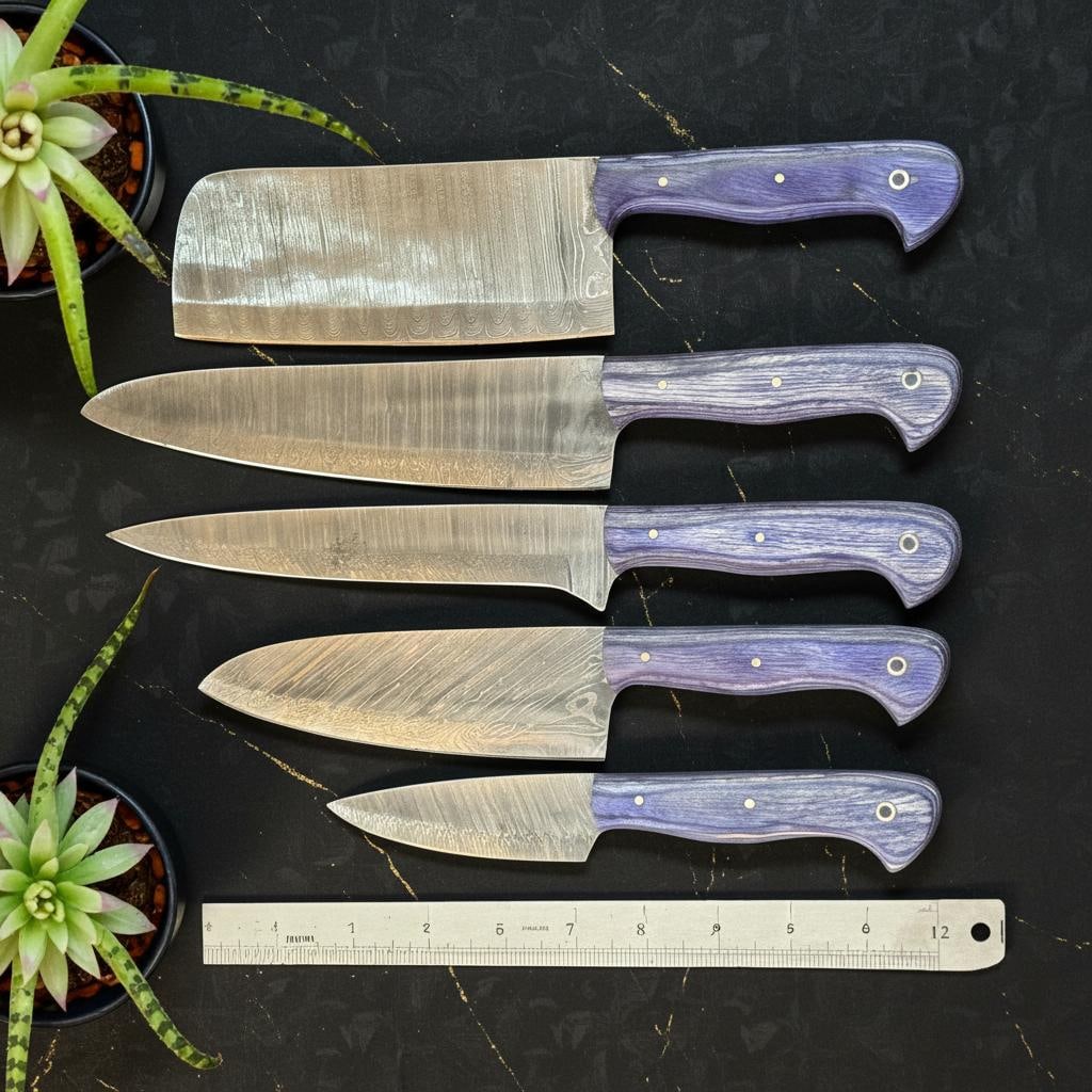 Handmade 5pc Damascus Steel Chef Knife Set Pakka Wood Handle & Leather Sheath - 5