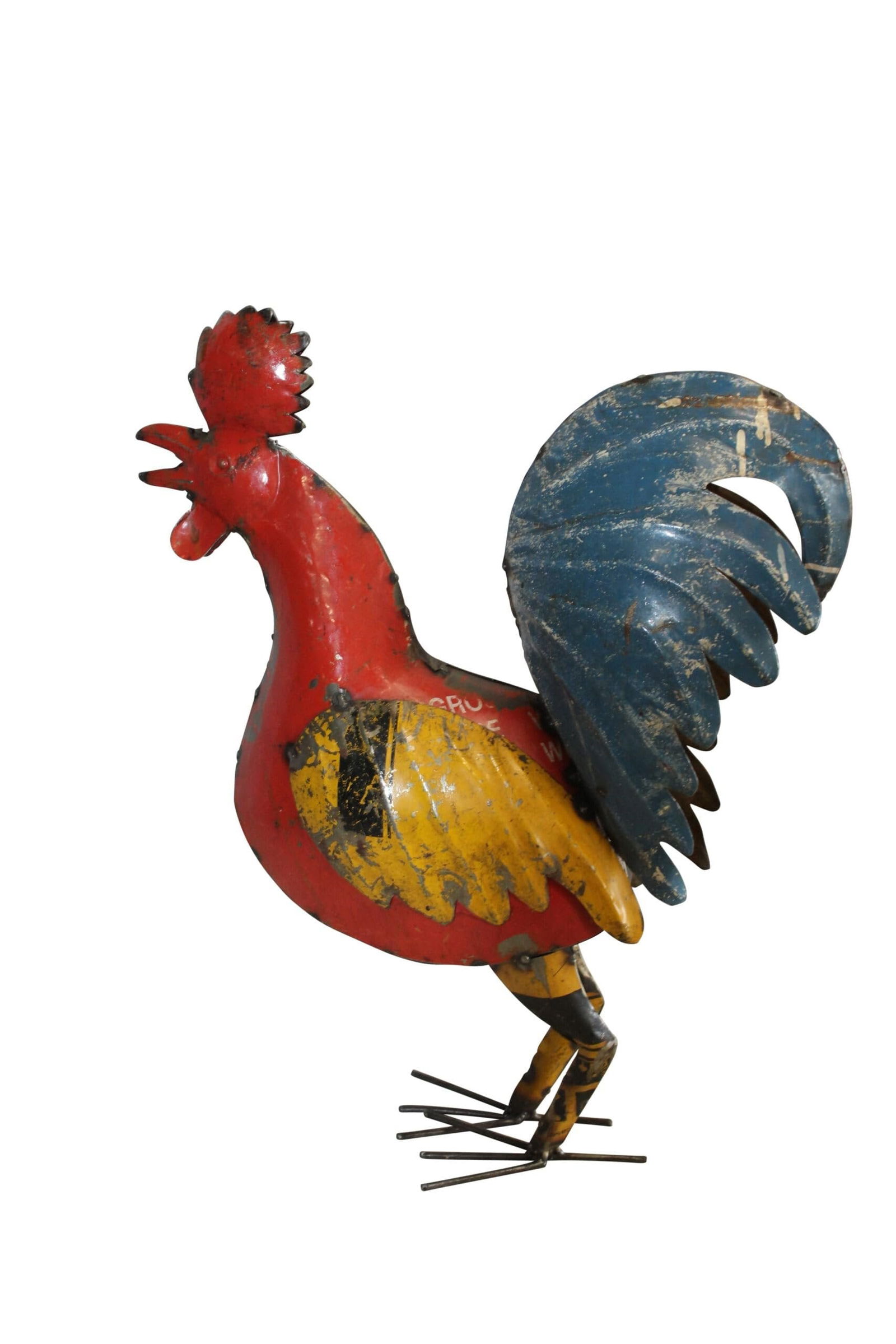 Colorful Thin Metal Rooster, Cockerel Statue 16" x 6" x 19"H: Title:Colorful Thin Metal Rooster, Cockerel Statue 16" x 6" x 19"HDescription:Colorful metal rooster statue, handcrafted with care. Thin design, vibrant hues. Adds charm to any space, indoors or out.