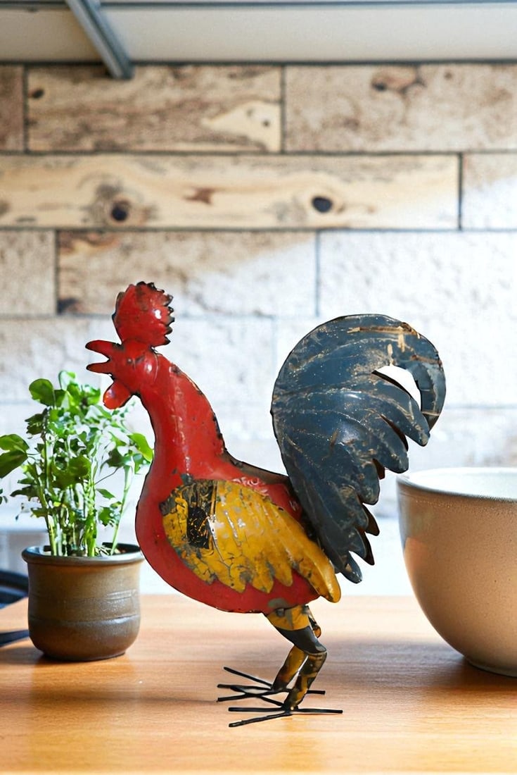 Colorful Thin Metal Rooster, Cockerel Statue 16" x 6" x 19"H - 2