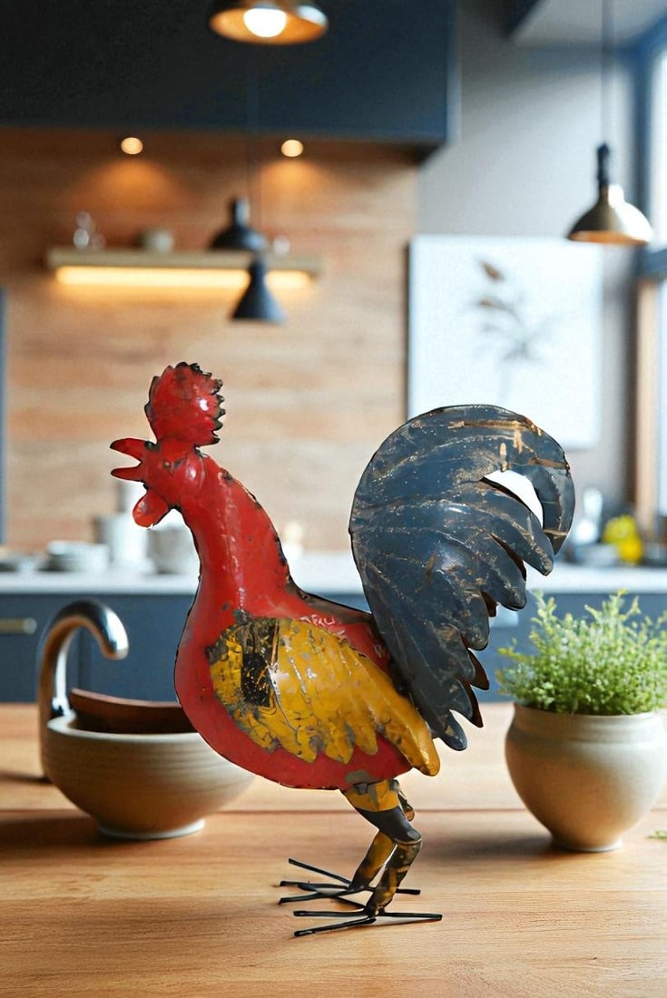 Colorful Thin Metal Rooster, Cockerel Statue 16" x 6" x 19"H - 3