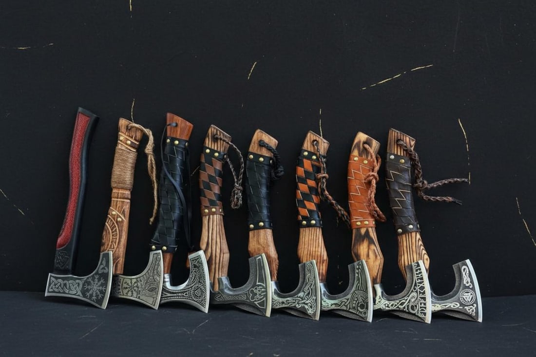 Lot of 8 Hand Forged Viking Axes, Etched Carbon Steel Blades with Ashwood Handles: Title:Lot of 8 Hand Forged Viking Axes, Etched Carbon Steel Blades with Ashwood HandlesDescription:This listing is for a lot of 8 custom handmade Viking axes, each a fully working tool. These