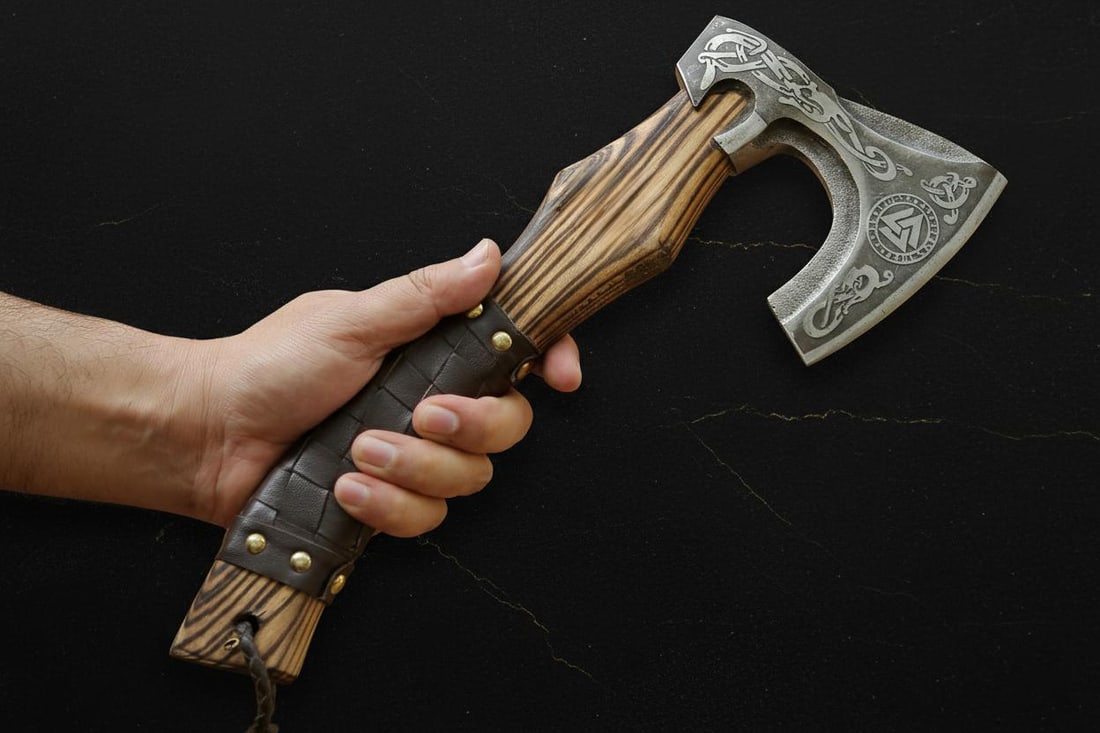 Lot of 8 Hand Forged Viking Axes, Etched Carbon Steel Blades with Ashwood Handles - 5