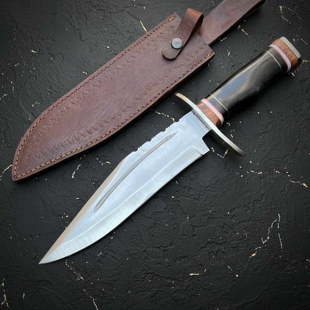 Handmade 15" D2 Steel Bowie Knife | Hunting Fixed Blade with Bull Horn Handle - 2