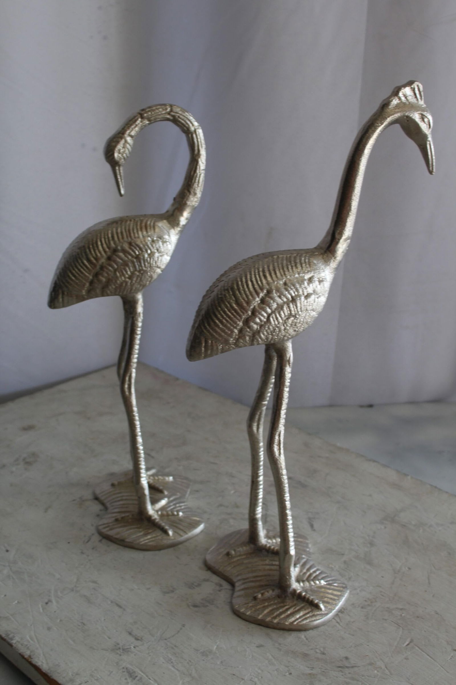 Art Deco Silver Flamingo Pair, Aluminum Decor Set 10" x 7" x 19"H - 10