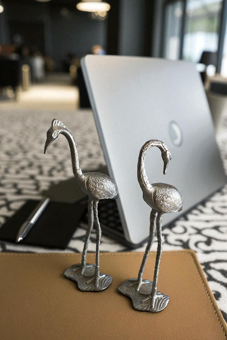 Art Deco Silver Flamingo Pair, Aluminum Decor Set 10" x 7" x 19"H - 2