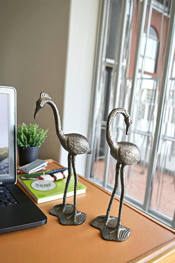 Art Deco Silver Flamingo Pair, Aluminum Decor Set 10" x 7" x 19"H - 3