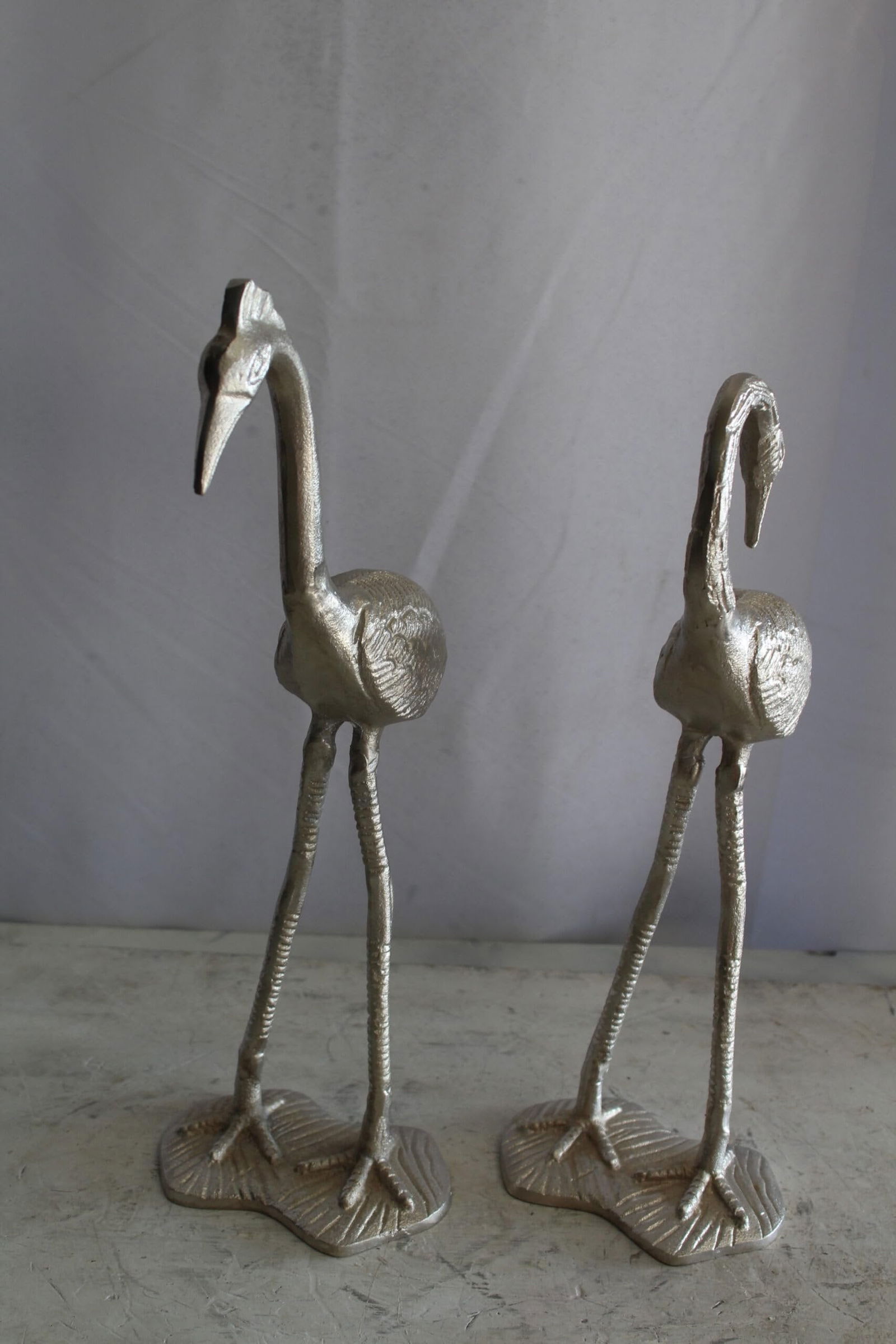 Art Deco Silver Flamingo Pair, Aluminum Decor Set 10" x 7" x 19"H - 4