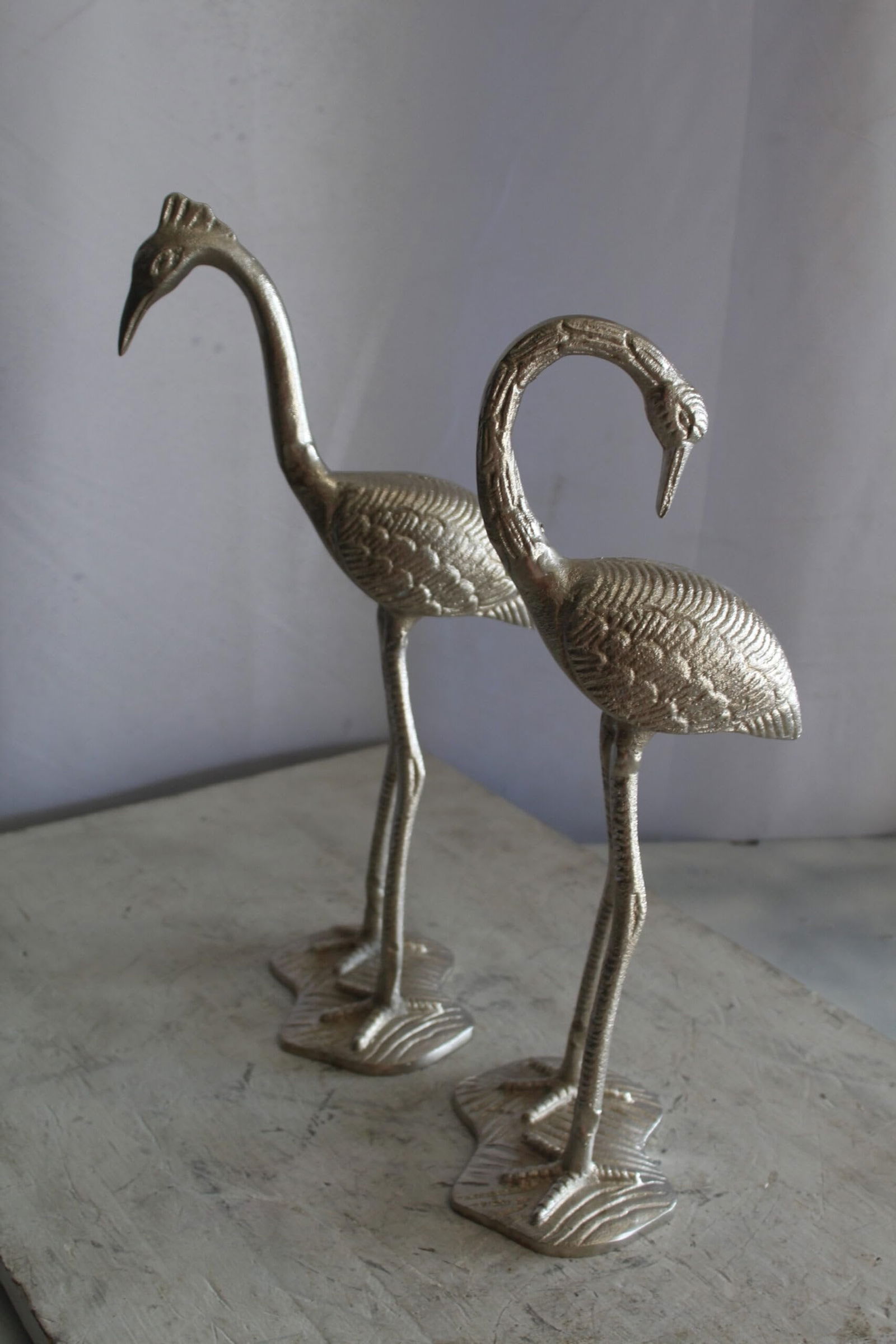 Art Deco Silver Flamingo Pair, Aluminum Decor Set 10" x 7" x 19"H - 6