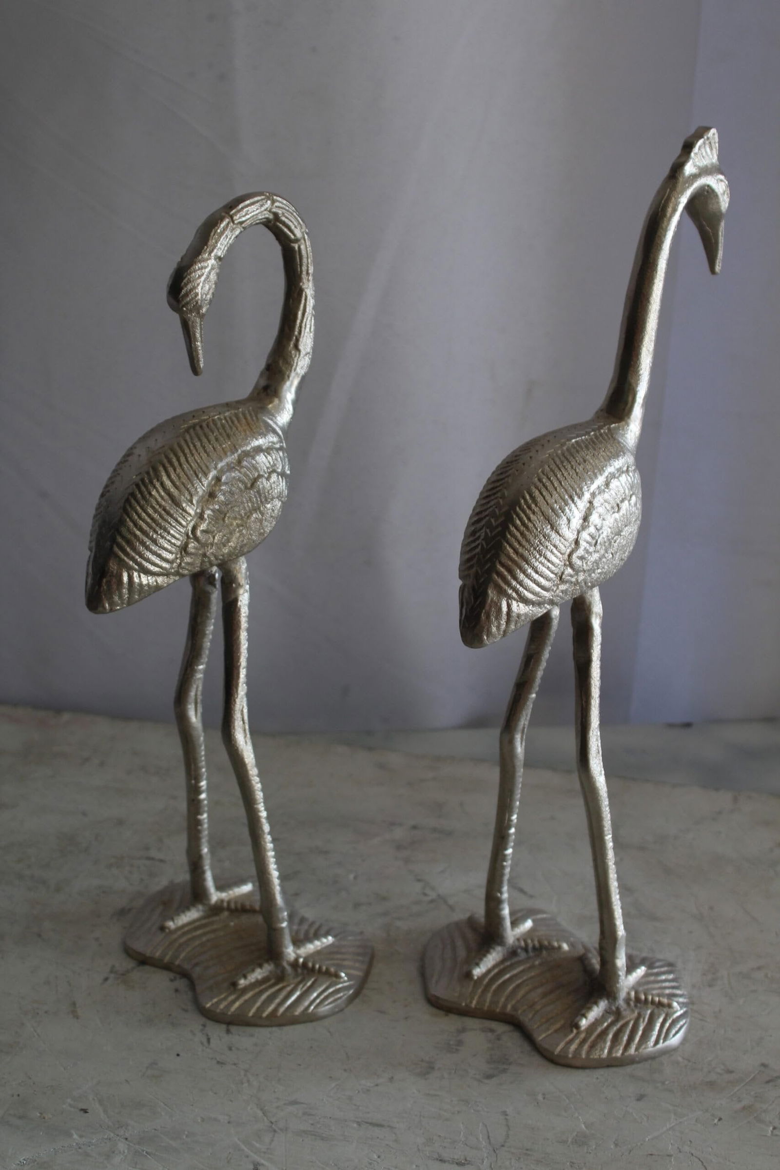 Art Deco Silver Flamingo Pair, Aluminum Decor Set 10" x 7" x 19"H - 9