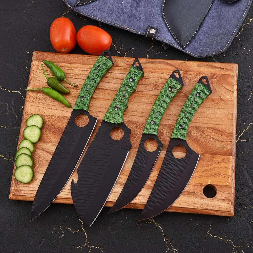 Hand Forged Damascus Chef Knife Set 4-Piece High Carbon Steel with Leather Roll Bag: Title:Hand Forged Damascus Chef Knife Set 4-Piece High Carbon Steel with Leather Roll BagDescription:This hand crafted 4-piece chef knife set features stunning Black Ember blades forged from high