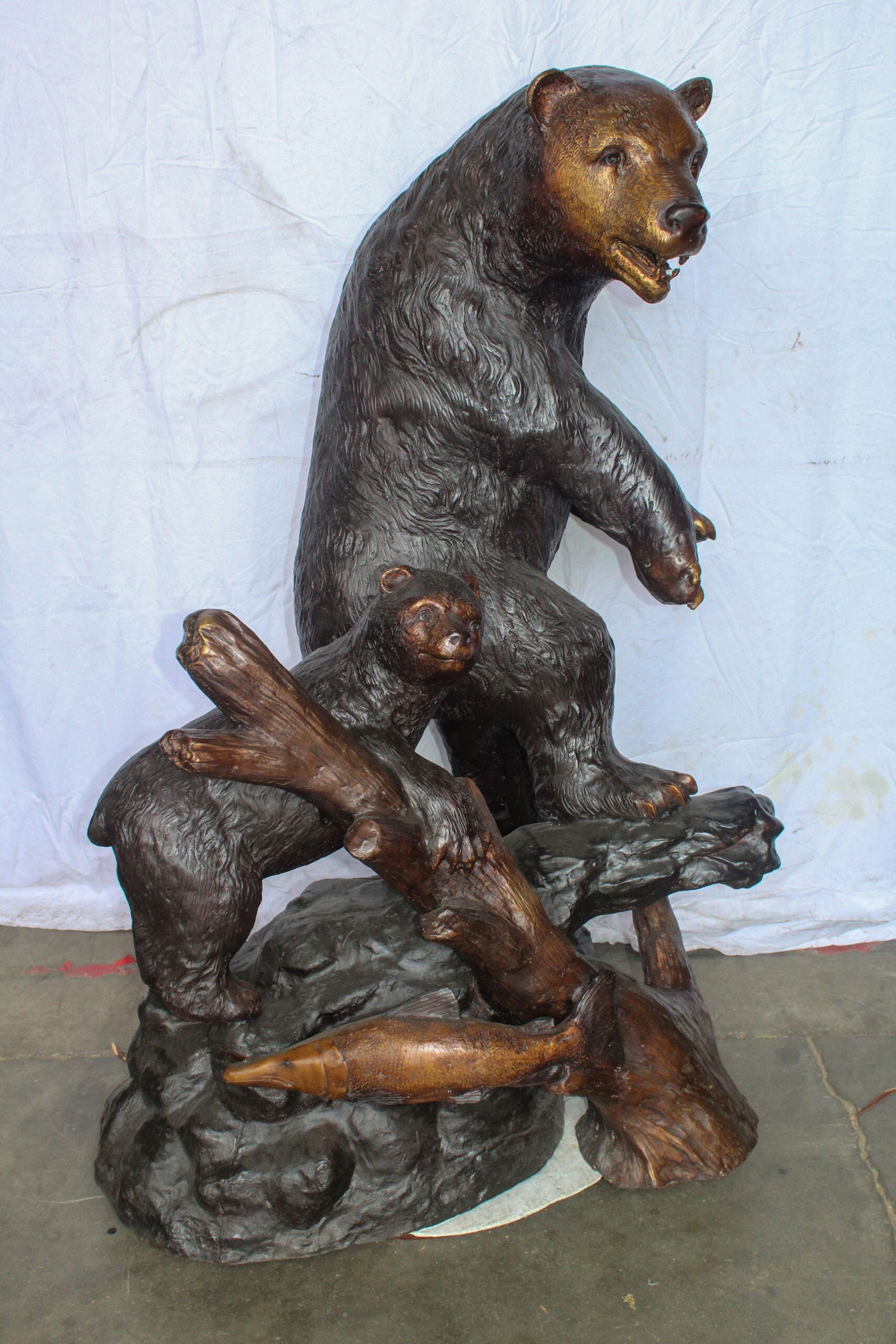 Giant Bronze Statue of a Standing Bear and Cub by the River 40" x 38" x 55"H - 2