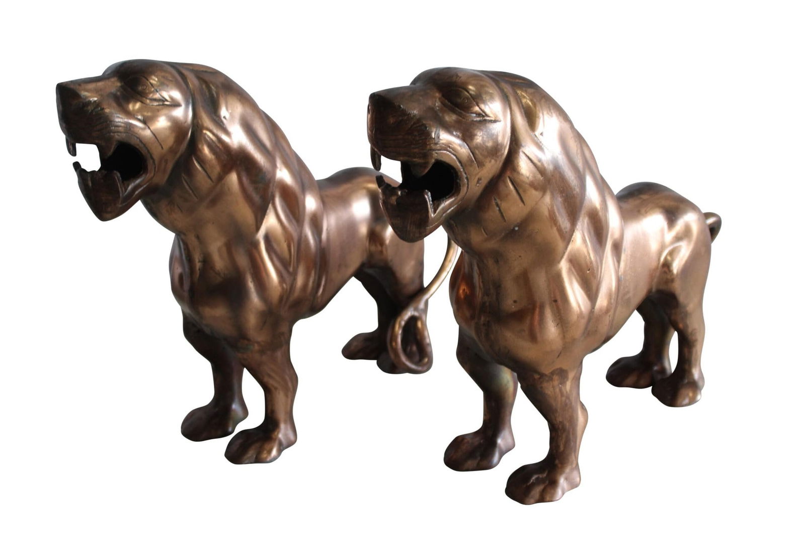 Aluminum Pair of Lions with Bronze Finish 19" x 12" x 14"H: Title:Aluminum Pair of Lions with Bronze Finish 19" x 12" x 14"HDescription:Introducing our mountain man Remington replica with a bronze finish. Crafted from metal, this handcrafted and casted piece