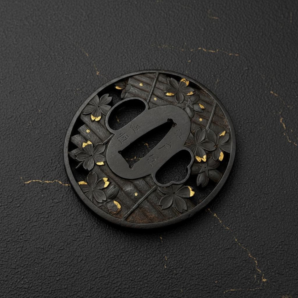 Masatsune Signed Iron Tsuba, Edo Period Samurai Sword Guard, Hanaikada Sukashi - 3