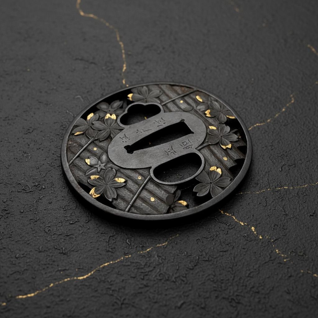 Masatsune Signed Iron Tsuba, Edo Period Samurai Sword Guard, Hanaikada Sukashi - 4