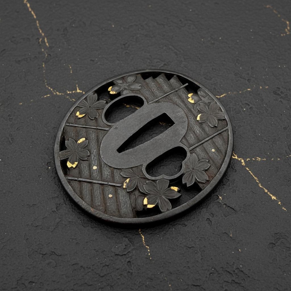 Masatsune Signed Iron Tsuba, Edo Period Samurai Sword Guard, Hanaikada Sukashi - 6