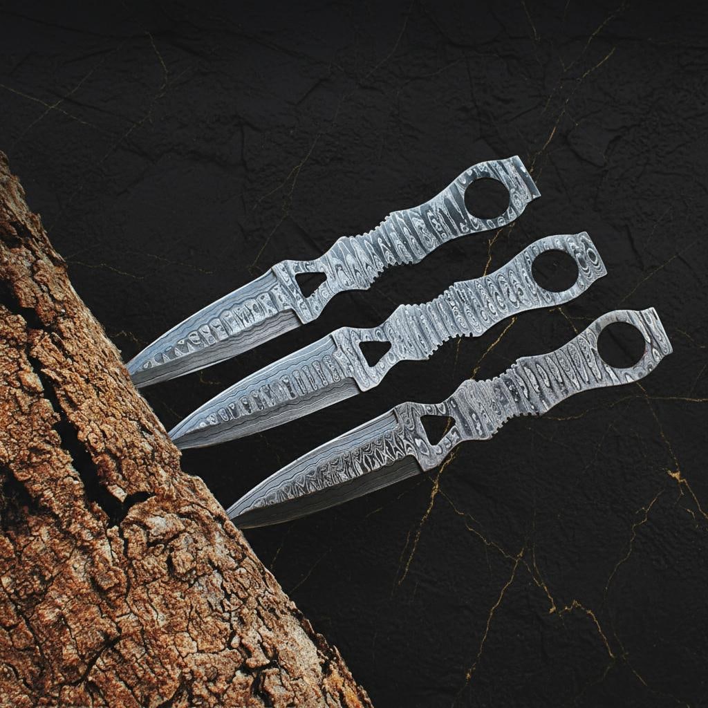 Handmade 10-inch Damascus Steel Throwing Knife Set 3pc Full Tang Tactical Blades: Title:Handmade 10-inch Damascus Steel Throwing Knife Set 3pc Full Tang Tactical BladesDescription:This SHARD SHARDBLADE 3 PC custom knife set features tactical throwing blades, handmade from modern