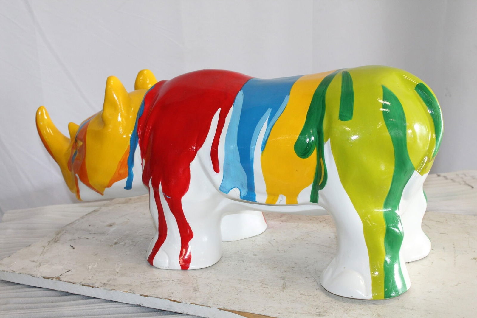 Fiberglass Rhino Statue Dynamic Presence with Paint Droplets 30" x 12" x 12"H - 10