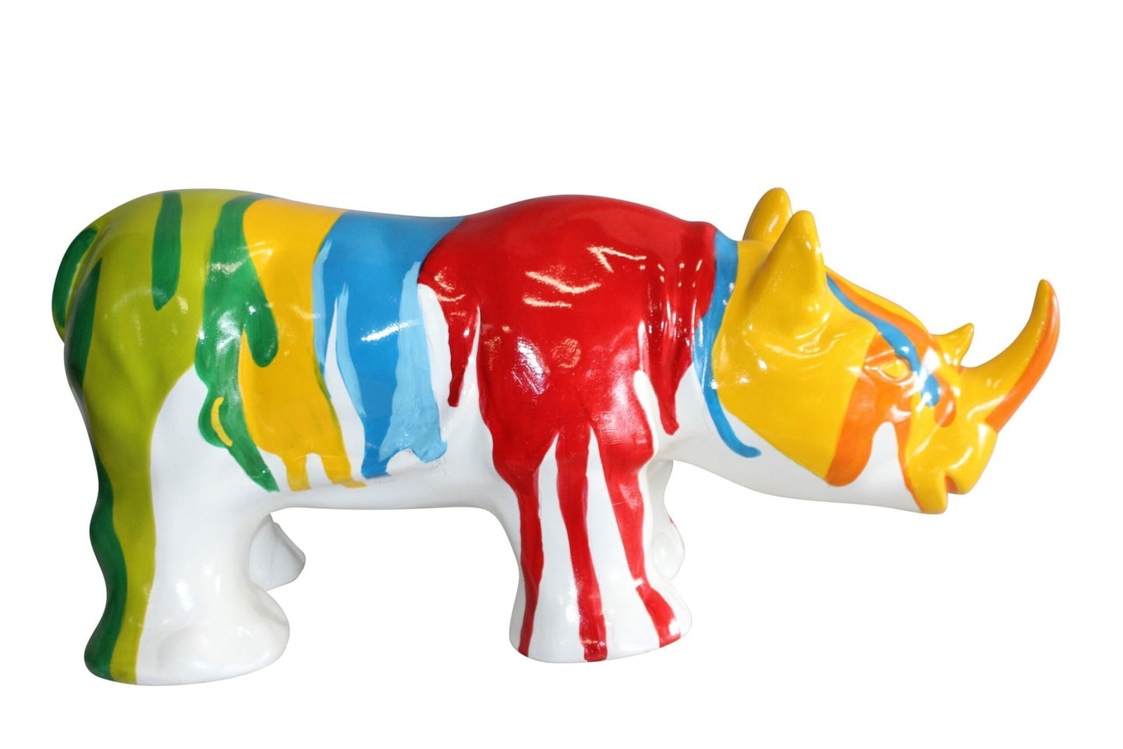 Fiberglass Rhino Statue Dynamic Presence with Paint Droplets 30" x 12" x 12"H: Title:Fiberglass Rhino Statue Dynamic Presence with Paint Droplets 30" x 12" x 12"HDescription:Introducing our Fiberglass Rhino Statue, boasting a dynamic presence with paint droplets. Handcrafted