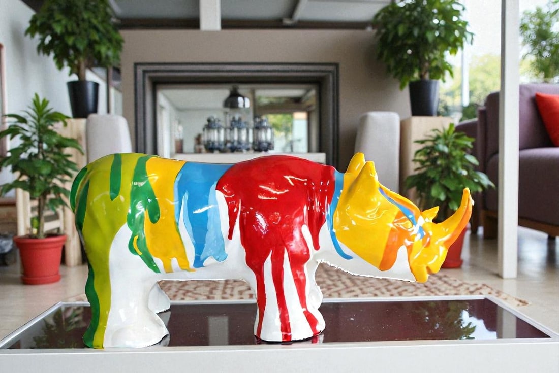 Fiberglass Rhino Statue Dynamic Presence with Paint Droplets 30" x 12" x 12"H - 2