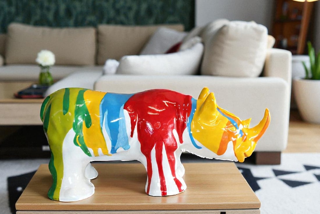 Fiberglass Rhino Statue Dynamic Presence with Paint Droplets 30" x 12" x 12"H - 3