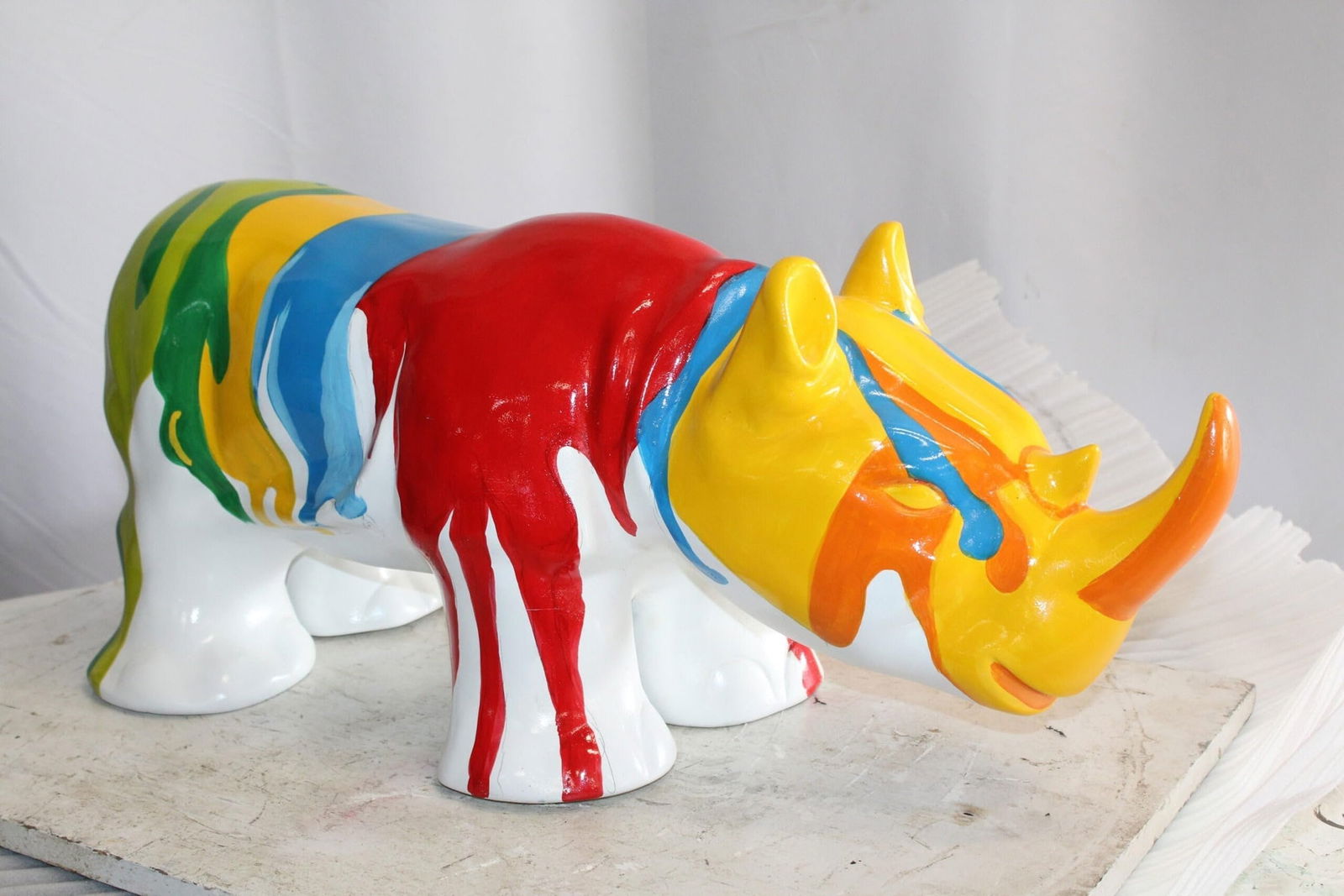 Fiberglass Rhino Statue Dynamic Presence with Paint Droplets 30" x 12" x 12"H - 5