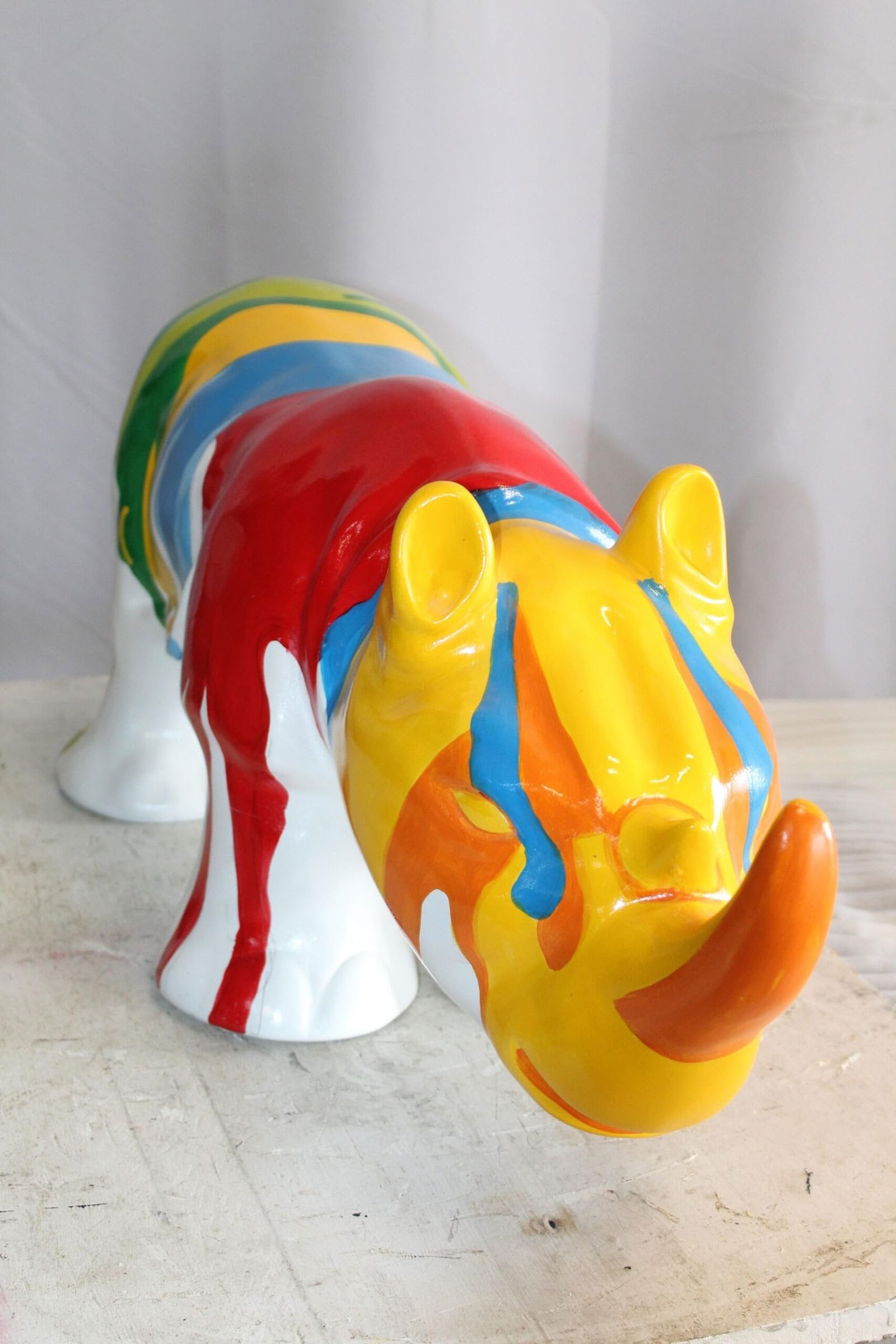 Fiberglass Rhino Statue Dynamic Presence with Paint Droplets 30" x 12" x 12"H - 6