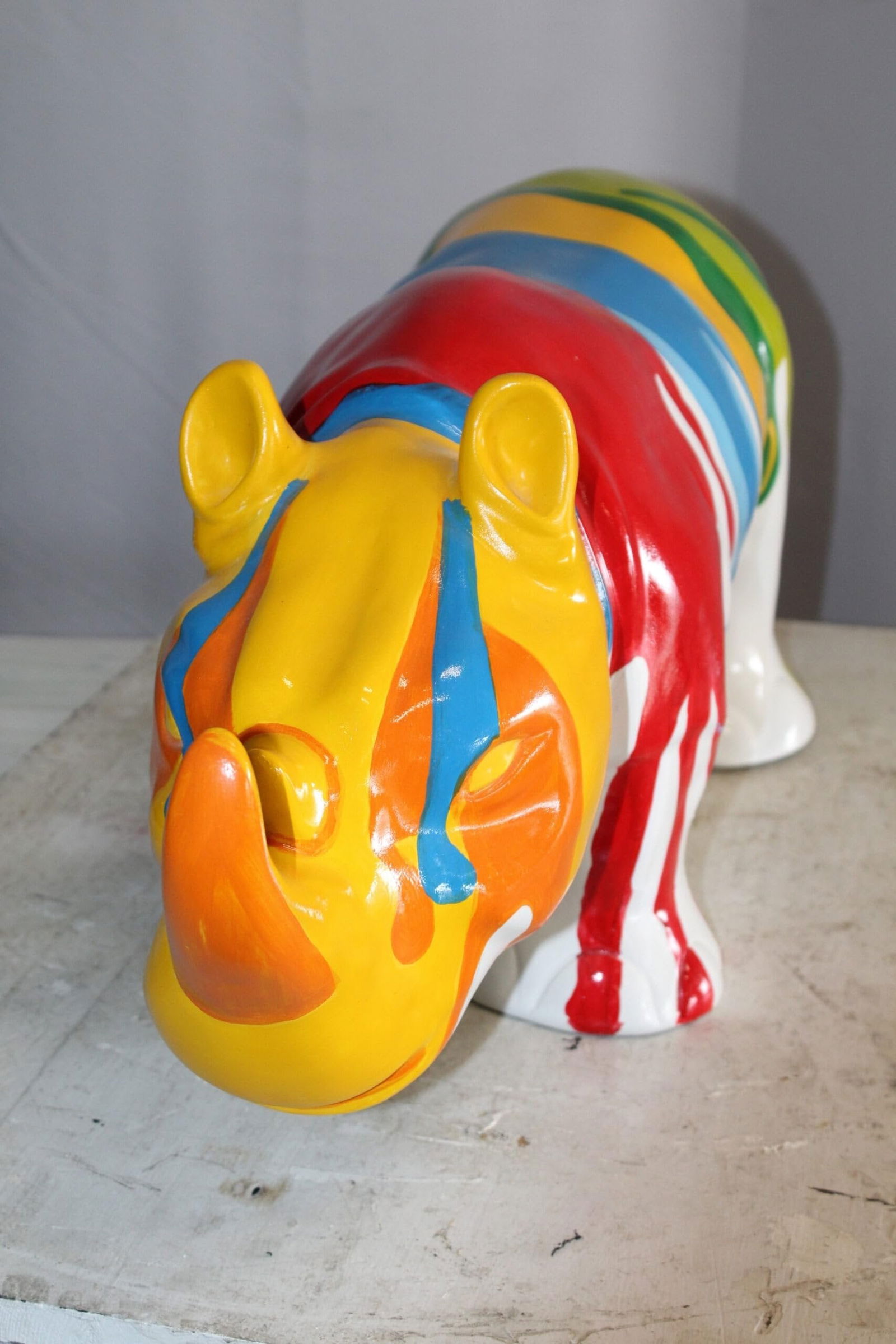 Fiberglass Rhino Statue Dynamic Presence with Paint Droplets 30" x 12" x 12"H - 7