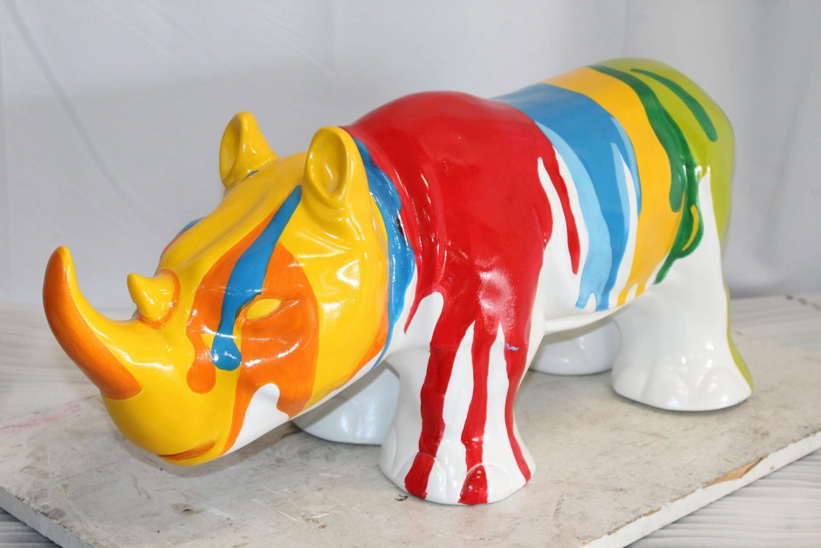 Fiberglass Rhino Statue Dynamic Presence with Paint Droplets 30" x 12" x 12"H - 8
