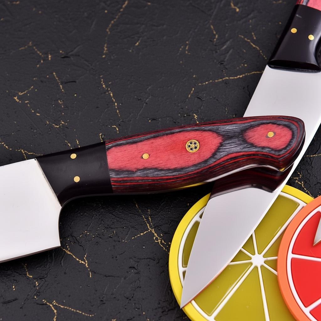 Hand Crafted 5pc J2 Steel Chef Knife Set with Damascus Bolsters & Leather Roll - 3