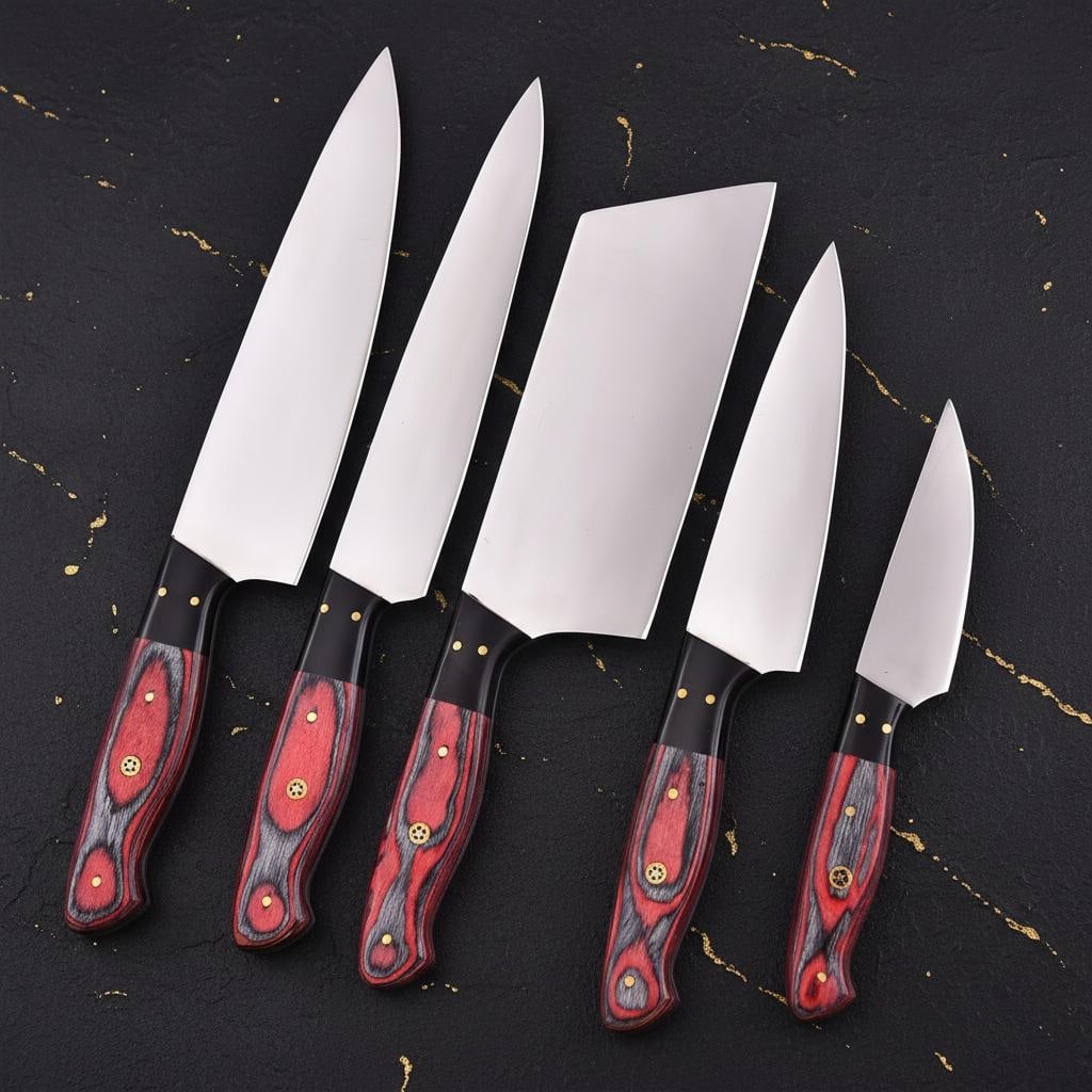 Hand Crafted 5pc J2 Steel Chef Knife Set with Damascus Bolsters & Leather Roll - 5