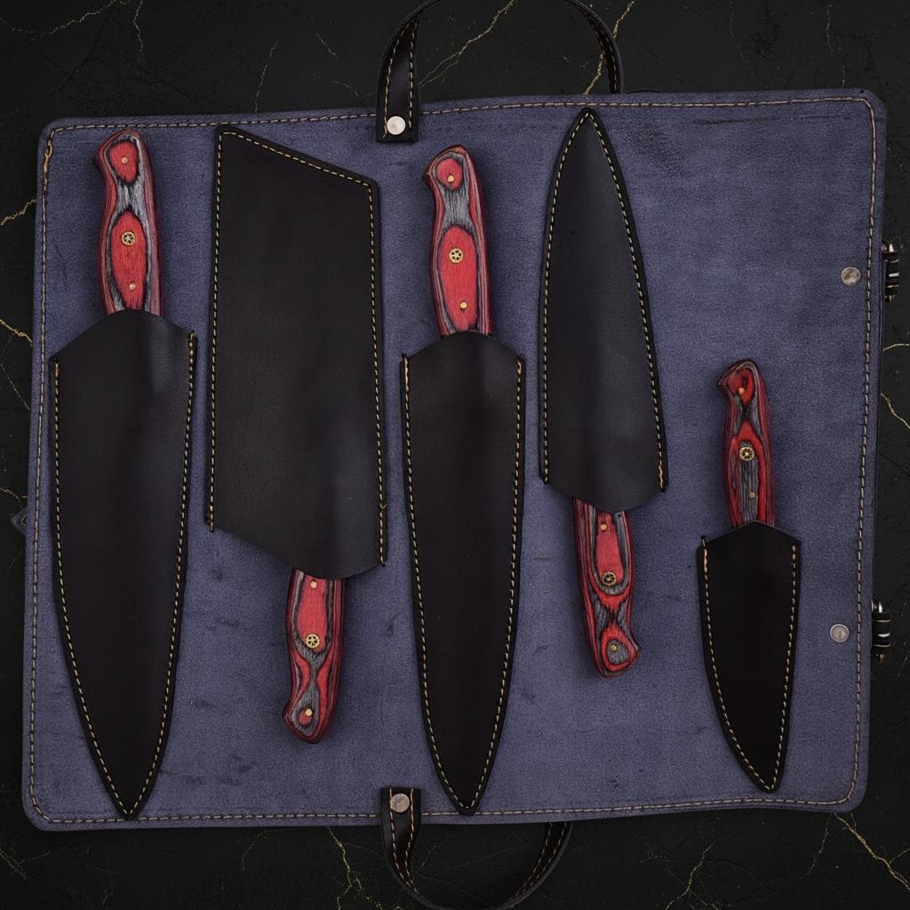 Hand Crafted 5pc J2 Steel Chef Knife Set with Damascus Bolsters & Leather Roll - 6