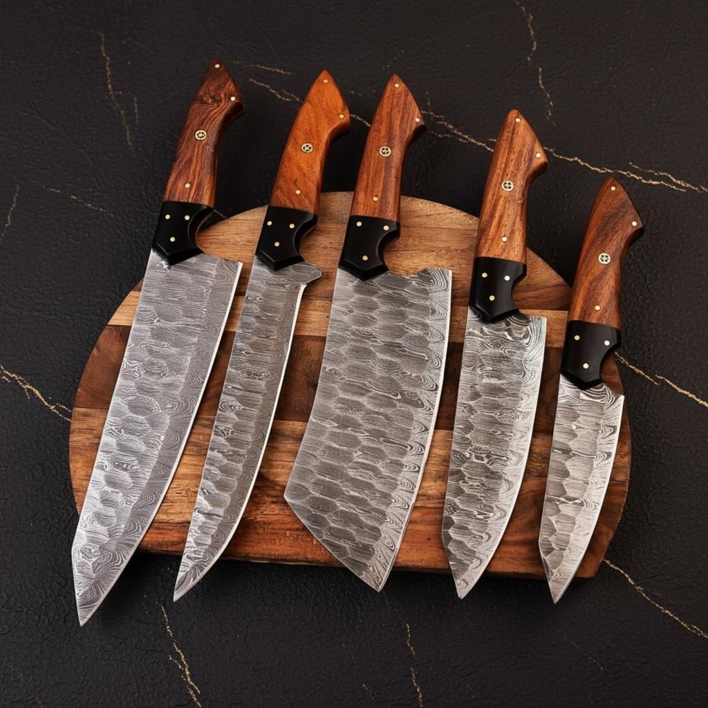 5pc Handmade Damascus Steel Chef Knife Set Kitchen Knives with Leather Roll Bag - 2
