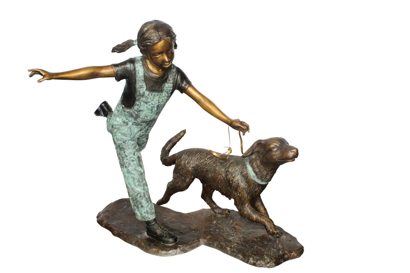Young Girl and Her Dog Playing Bronze Statue 53" x 21" x 40"H: Title:Young Girl and Her Dog Playing Bronze Statue 53" x 21" x 40"HDescription:This bronze fountain features an elegant girl standing by a frog on a mushroom, handcrafted and cast using the