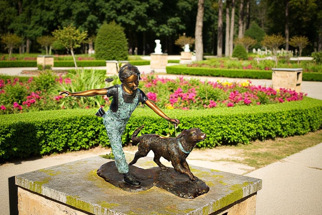 Young Girl and Her Dog Playing Bronze Statue 53" x 21" x 40"H - 2