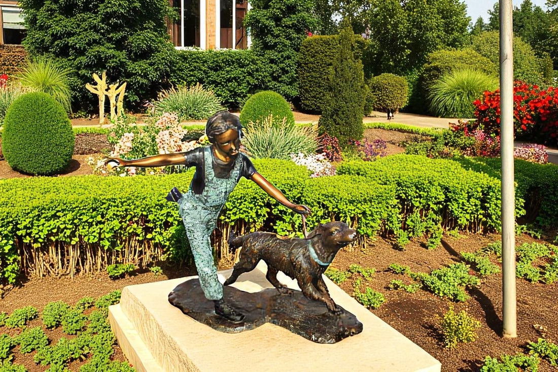 Young Girl and Her Dog Playing Bronze Statue 53" x 21" x 40"H - 3
