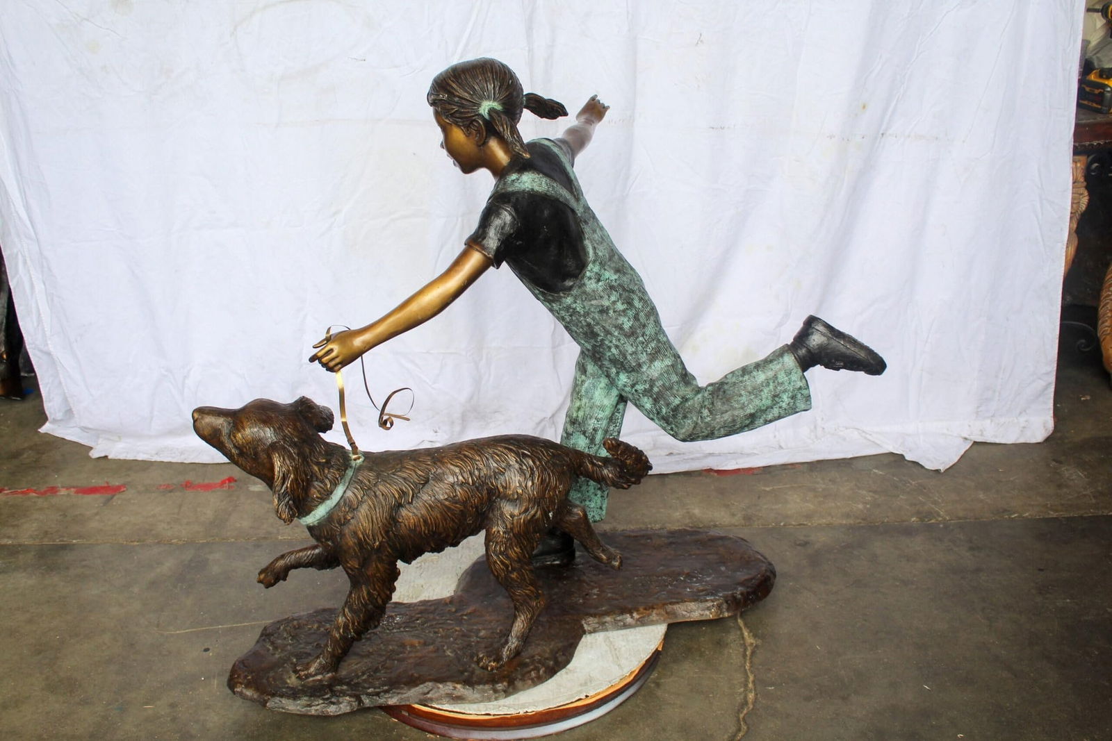 Young Girl and Her Dog Playing Bronze Statue 53" x 21" x 40"H - 4