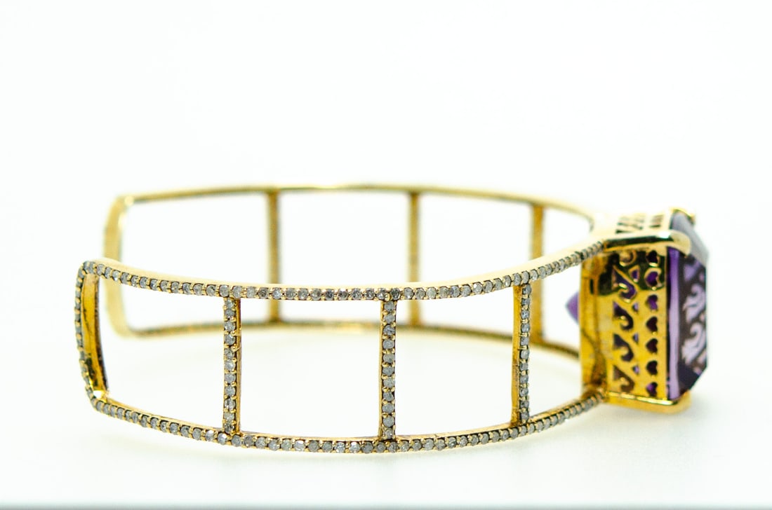 18K Gold-Plated 925 Silver Diamond Bracelet with Diamonds and Big Amethyst Centerpiece - 2